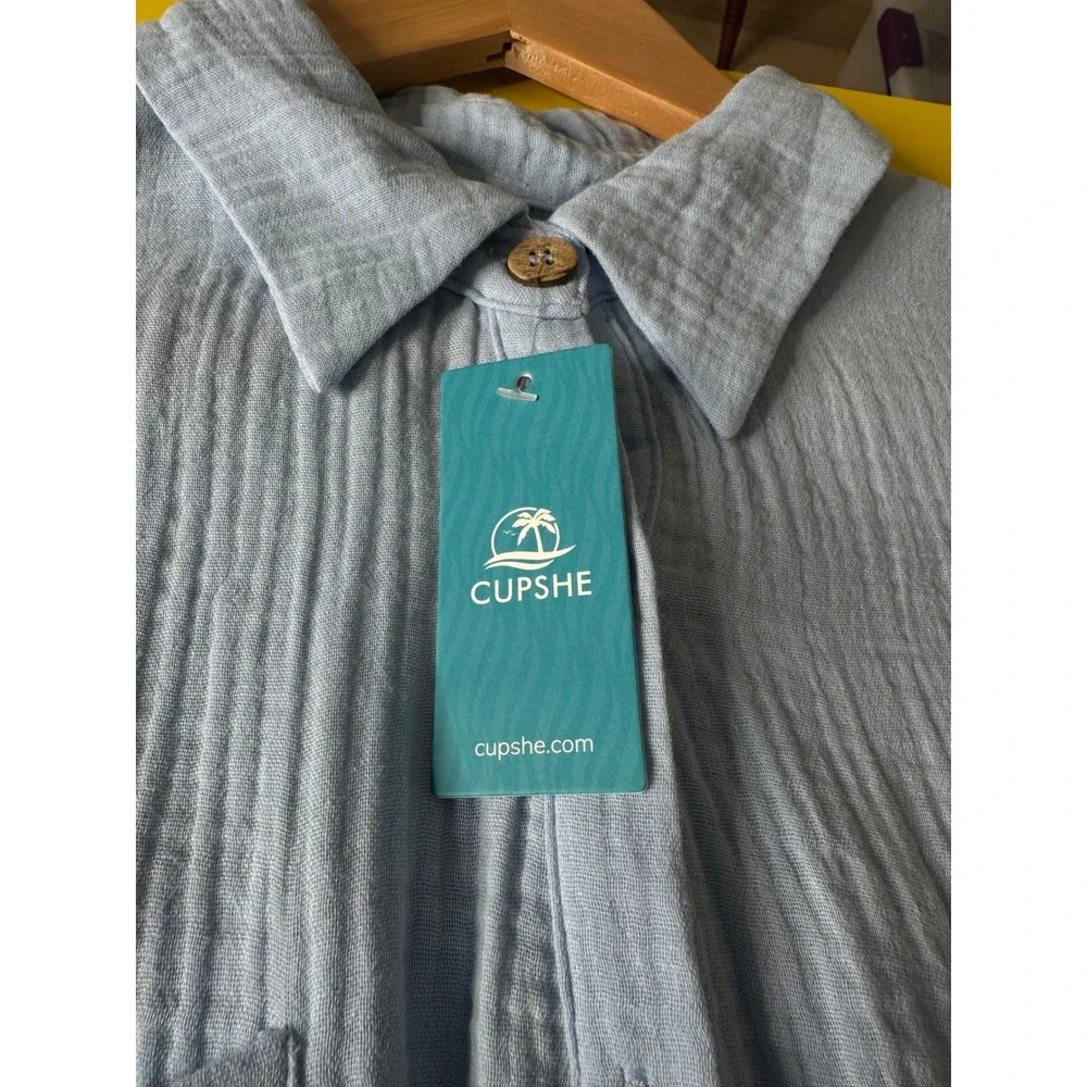 Cupshe‎ Light Blue Cotton Gauze Button Front Shirt Dress Cover Up Size Medium